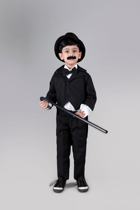 BookMyCostume Charlie Chaplin Dress for Boys | Comic Character Fancy Dress Costume | Charlie Chaplin Costume for Kids | With Stick